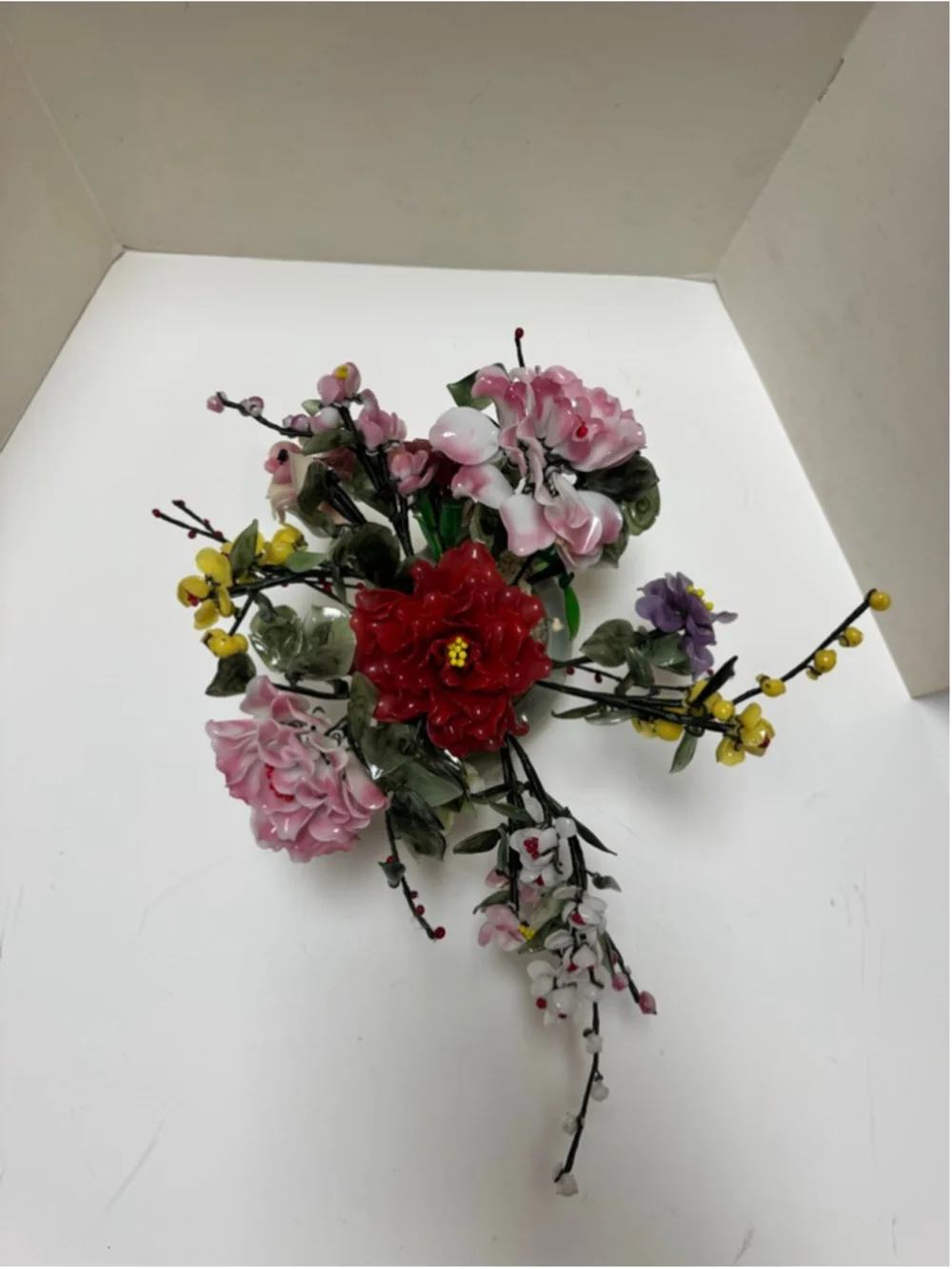 Vintage Yaun Feng Oriental Jade Glass Flowering Blossom Bonsai Tree